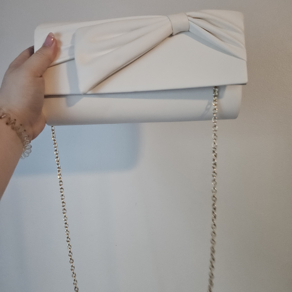 Azazie White Clutch with Bow and Chain